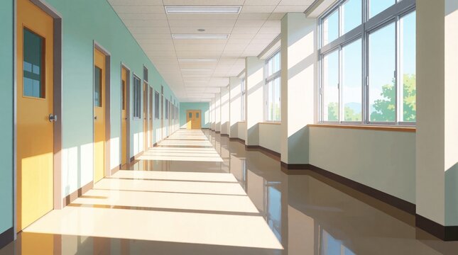 Empty school hallway with yellow doors and windows letting in bright sunlight. Long corridor with shadows on the floor. Clean architecture interior space. Muted pastel colors.