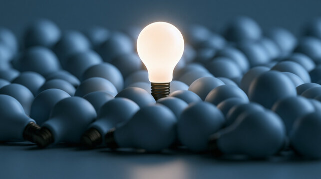 A single glowing light bulb stands out brightly among many dark unlit ones. This creative leadership concept is ideal for business strategy presentations.