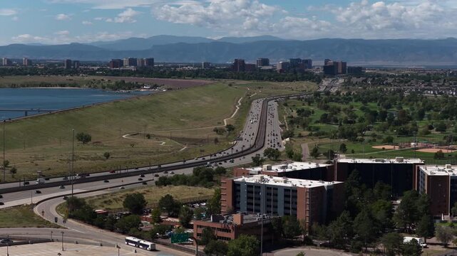 Aerial of suburban landscape in Aurora Colorado next to Cherry Creek Reservoir on Interstate 225 and Parker Road
