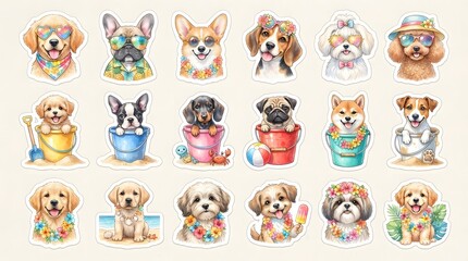 Fototapeta premium Charming watercolor collection of adorable small breed dogs in colorful cups a delightful artistic illustration