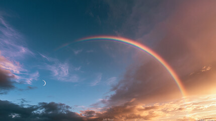 Fototapeta premium A vibrant rainbow arches across a dramatic evening sky with a crescent moon. Ideal for weather and nature background concepts.