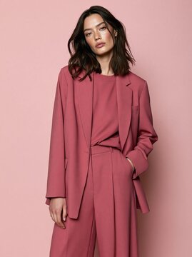 Portrait of a young woman standing against a pink background. she is wearing a long, pink blazer with a belt cinching her waist.