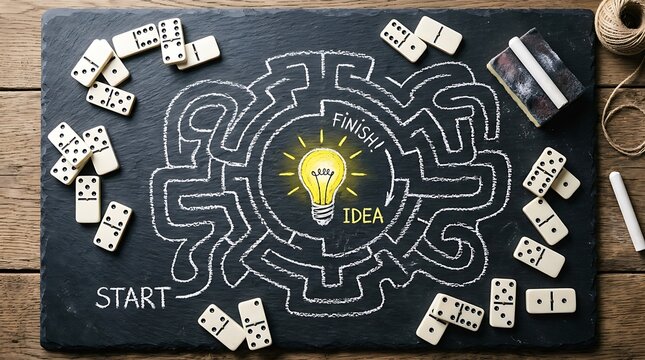 Idea solution concept with lightbulb in the center of a hand-drawn maze on a dark stone board with scattered domino pieces around the puzzle game