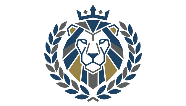 Majestic lion head logo wearing a crown and surrounded by a laurel wreath is designed in a modern geometric style.