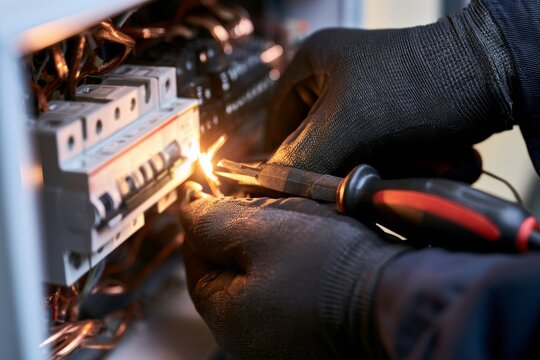 Electrician tests wires with a multimeter