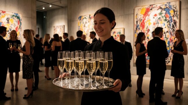 Young waitress carries tray with sparkling champagne flutes at art gallery opening. Elegant guests socialize, view modern paintings during luxury evening reception. Smiling server provides drinks at