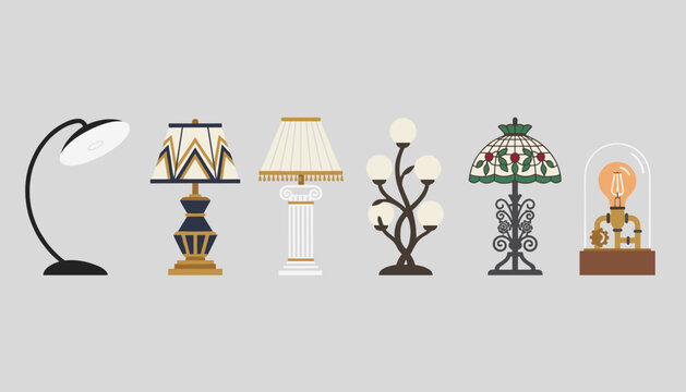 Collection of different retro and modern table lamp styles illustrated in a clean vector line style on a gray background.
