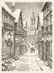 Obraz premium Detailed architectural graphite pencil drawing of a charming European town street decorated for Christmas, glowing lanterns, Christmas wreaths 