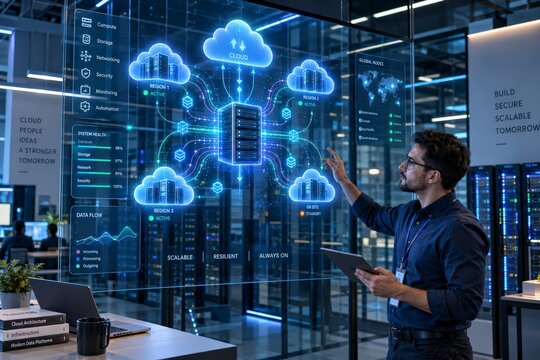 Technology professional monitoring cloud infrastructure and digital networks in a modern data center, representing cloud computing, cybersecurity, and IT management.