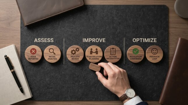 Businessman hand placing wooden block showing assess improve optimize process steps, demonstrating problem-solving and continuous improvement cycle