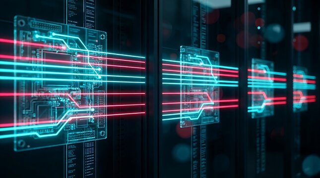 3D render of digital circuit boards with flowing red and blue light data streams representing advanced computing and server infrastructure technology