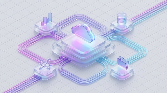3D render of a central cloud computing icon connected to data storage and analytics nodes on a light digital grid background for modern technology