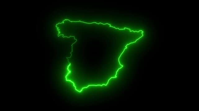 Spain map outline with glowing neon green light effect on black background