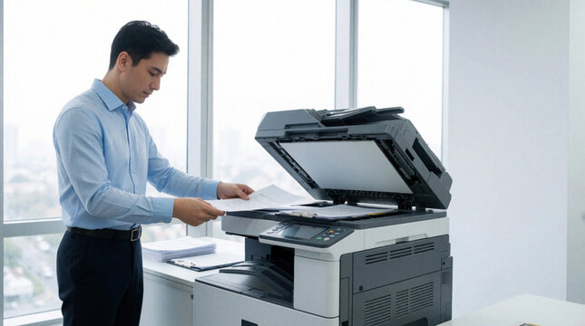 Office worker makes copies using multifunctional printer. Man handles papers near window in bright workspace. Document duplication task on biz equipment for admin job.