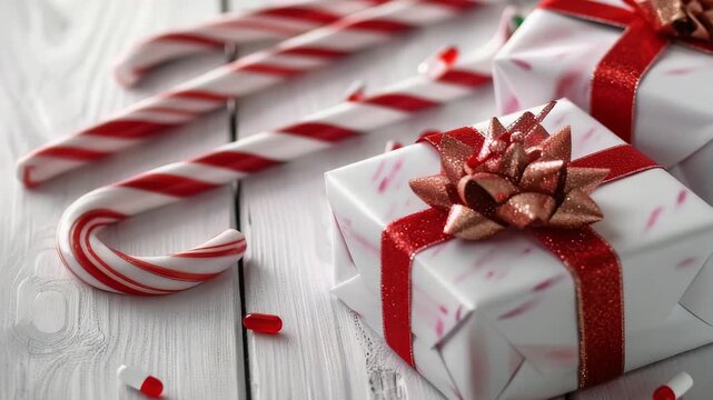 Festive holiday scene with candy canes, a white present wrapped with a red bow, and red and white capsules scattered on a white wooden surface, suggesting a mix of celebration and wellness.