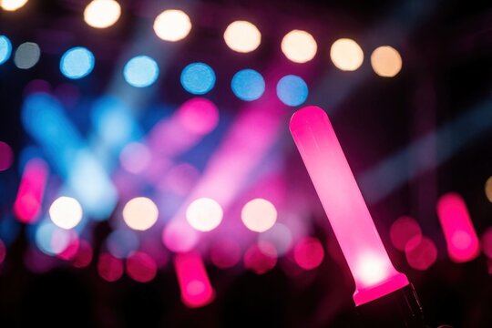 Pink glow stick shines in dark crowd at music concert. Blurred stage lights create colorful bokeh background with blue, magenta tones. Energetic nightlife atmosphere at live pop show electronic dance