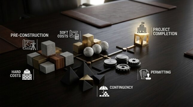 Construction budget and cost elements abstract representation on boardroom table
