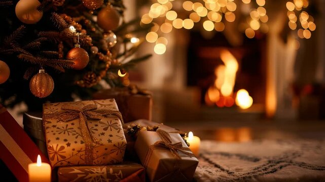 Presents wrapped in decorative paper sit under a decorated Christmas tree, with a warm fireplace in the background creating a festive and cozy holiday atmosphere, along with burning candles.