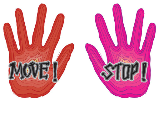 Stylized Red and Pink Handprints with Move and Stop Text Commands