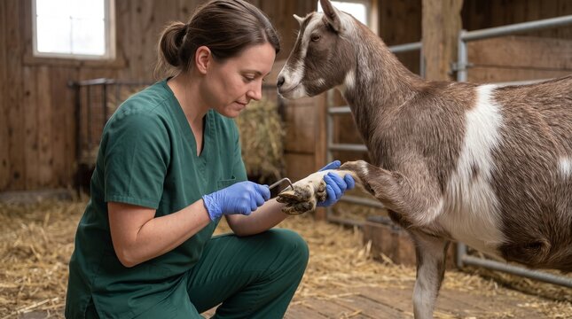 vet examining goat hoof professional animal care