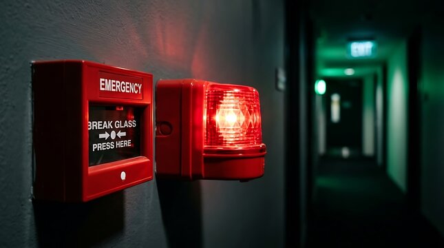 Red fire alarm manual call point with flashing emergency strobe light mounted on a dark corridor wall in a commercial building for safety warning