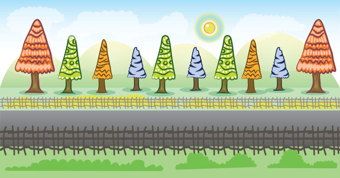 Stylized cartoon landscape featuring a roadside scene with decorative trees and fences