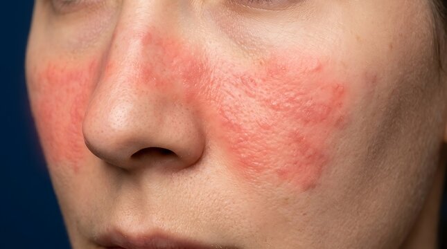 Close-up of a person's face showing a red inflammatory skin rash
