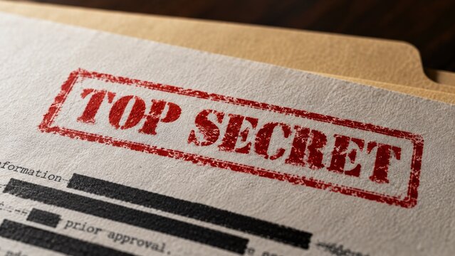 Close-up of top secret stamp on redacted classified document in manila folder
