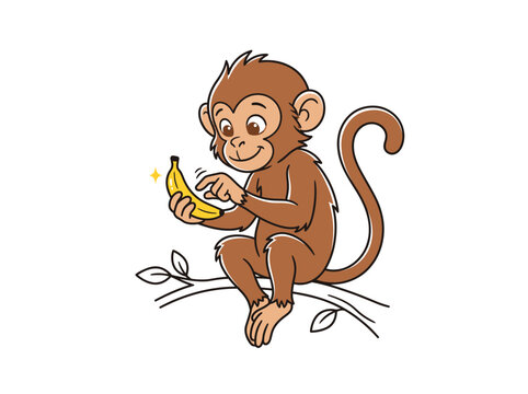 Cute cartoon monkey holding a yellow banana illustration on a tree branch isolated design