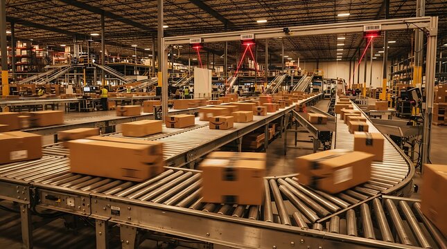 Cardboard boxes moving along a roller conveyor belt in a large automated warehouse distribution center facility for shipping and logistics operations