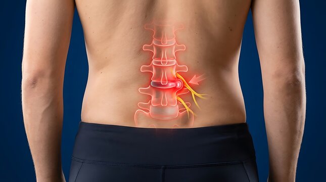 Medical illustration of spinal disc herniation compressing a nerve in