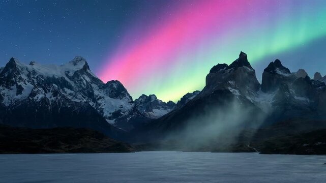 Northern lights shimmer across jagged mountain peaks, casting vivid pink and green bands over wintry wilderness. Tranquil alpine landscape features snow, mist, and still water under clear stars.