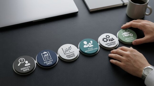 Continuous improvement workflow diagram with circular button icons on dark surface representing professional management steps