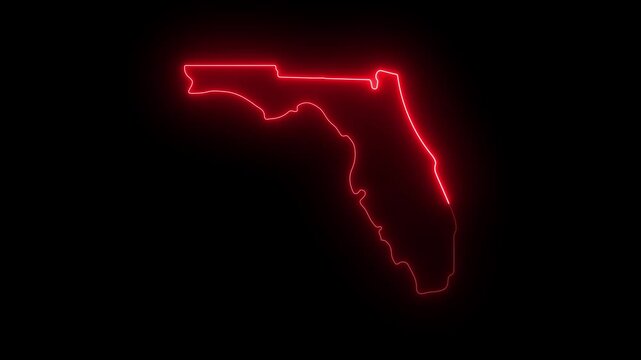 Glowing red neon outline map of florida state, minimalist digital on black background