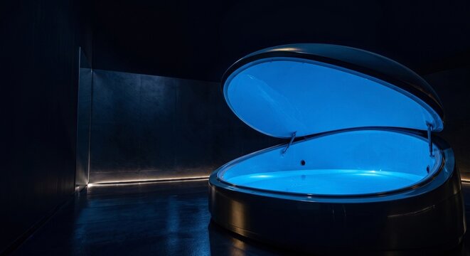 Open sensory deprivation float tank glowing blue in dark room