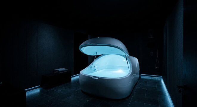 Futuristic sensory deprivation pod glowing in dark wellness room