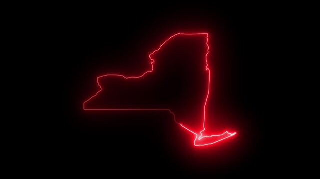 New york state map outline with glowing red neon effect on black background