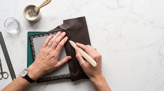 Hands crafting a book cover with leather and decorative paper