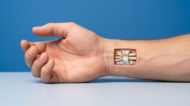 Human wrist anatomy with a cutaway view showing carpal tunnel