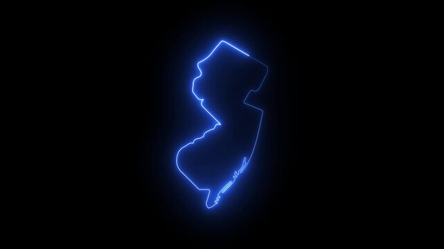 New jersey state map outline with glowing neon blue light effect on black background