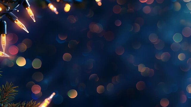 An image with focused string lights and blurry bokeh in the background with a dark blue hue. Evergreen tree branches are visible. The effect creates a festive, cozy winter mood.