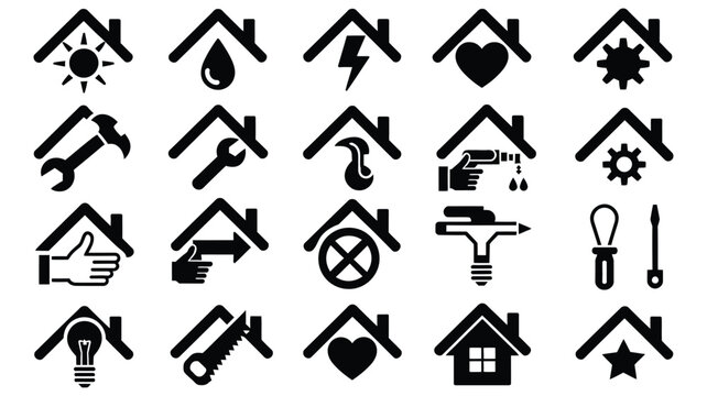 House Icon Set Showing Home Maintenance Tasks and Renovation Symbols in Simple Black Graphic Style for Repair Services, Construction, Remodeling and Property Care