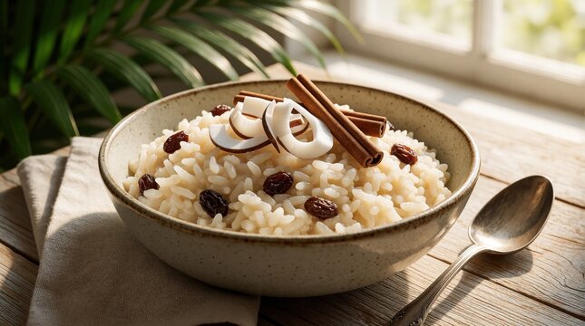Creamy coconut rice pudding served in bowl. Sweet dessert with raisins, cinnamon sticks and coconut flakes. Delicious comfort food dish, prepared with rice milk.