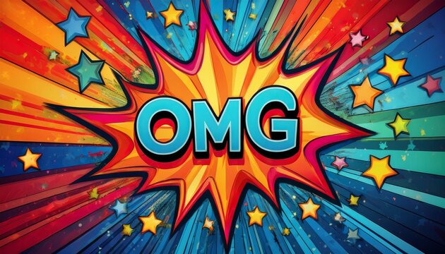 vibrant comic book explosion with omg text and colorful stars on a retro radial background