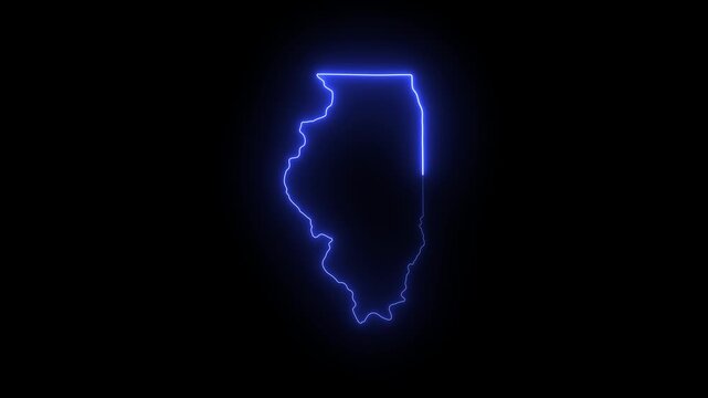 Glowing neon outline map of illinois state, pulsing blue light effect on black background