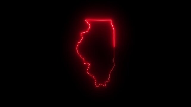 Glowing red neon outline map of illinois state, usa, digital motion for travel and business presentations