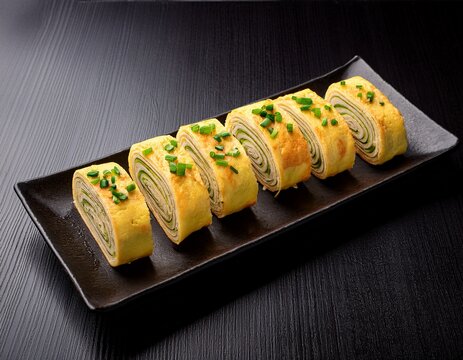 slices of gyeran mari rolled omelet arranged neatly on a dark ceramic rectangular plate showing the layers and green onion inclusions