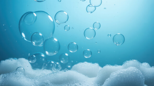 Transparent soap bubbles floating over clean water foam background for hygiene concepts