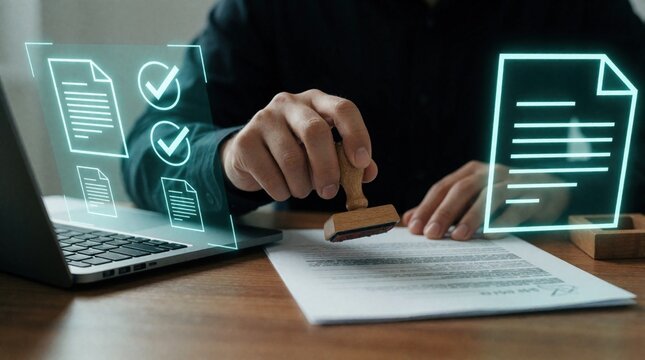 Person stamps paper document with digital checkmarks and files floating near. Office worker uses stamp for approval process and contract validation on desk.
