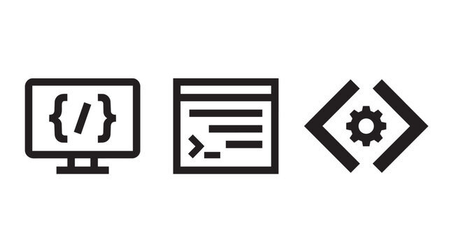 Web programming and software development icon set featuring monitor with coding brackets command line terminal window and code optimization gear symbol